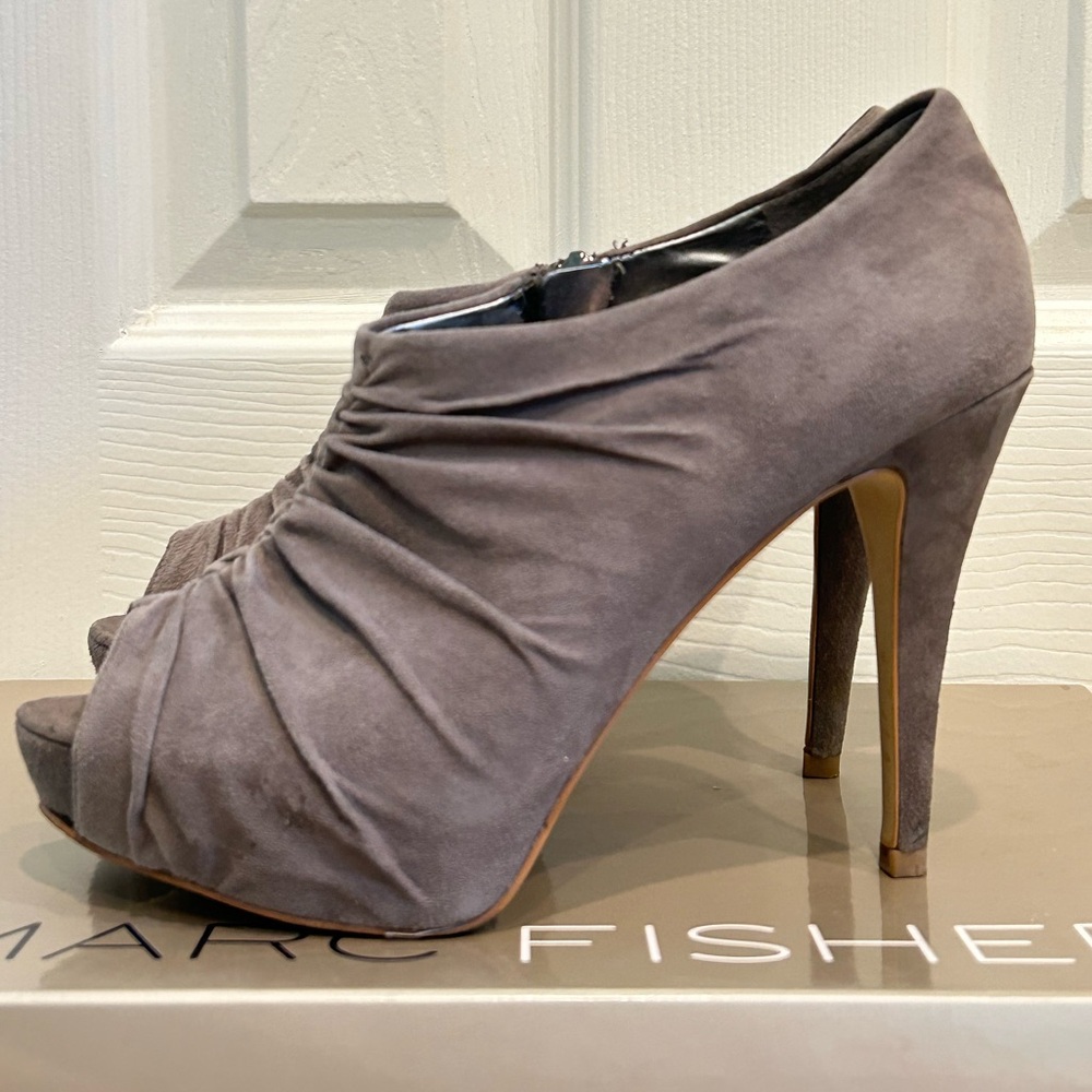 Marc Fisher Dark Grey Suede Open Toed Stiletto